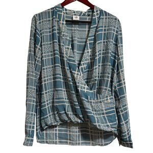 Cabi Teal Blue Geometric Plaid Faux Wrap Surplice Blouse‎ Top Womens Medium